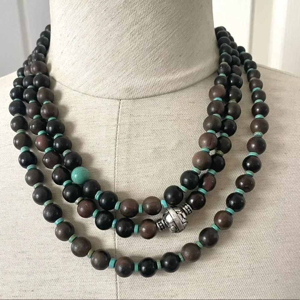 Coldwater creek triple strand wood bead and turquoise necklace